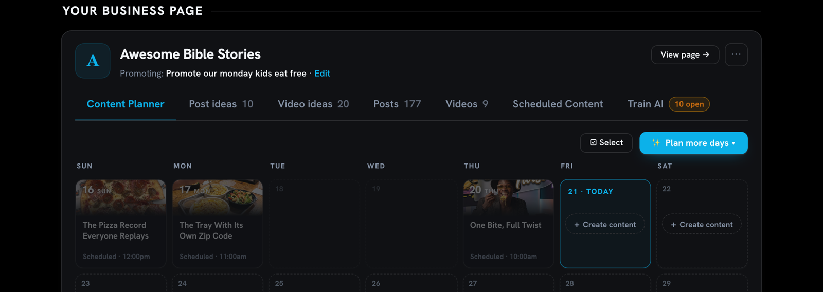 Content planner week view with scheduled posts for each day