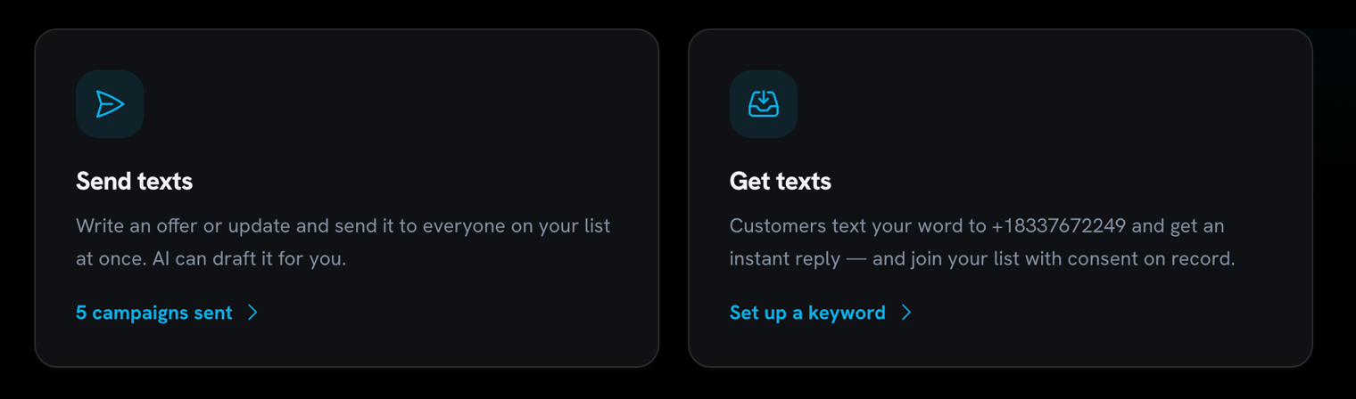 Send texts and Get texts — the two-way SMS surface showing the text-in number
